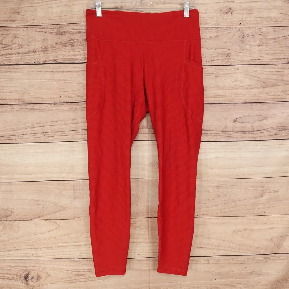 Old Navy Active Leggings Womens L Red High Rise Powersoft Go-Dry Ankle Pockets